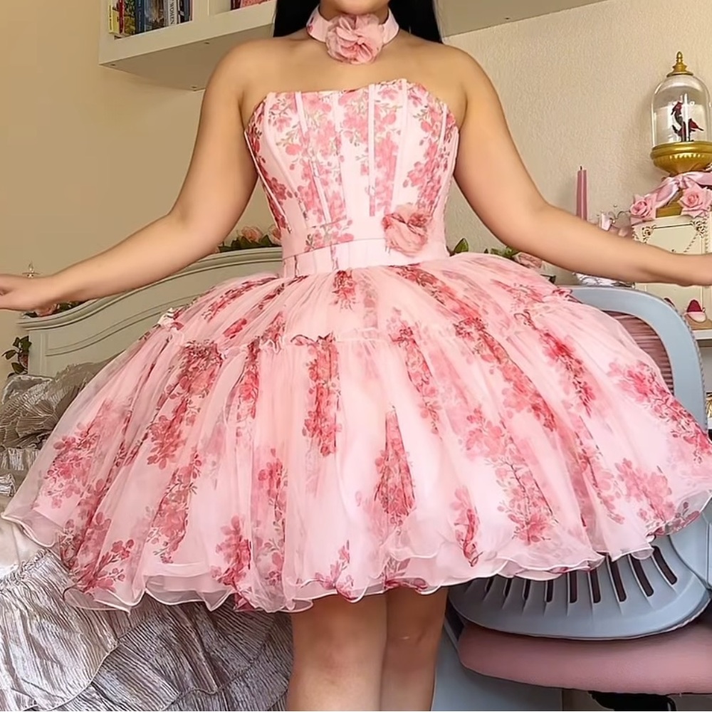 JJs House Elegant Pink Floral Dress and Choker - Picture 2 of 8